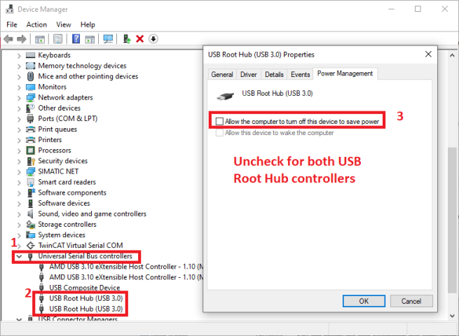 Device Manager USB power saving uncheck Device Manager USB power saving uncheck